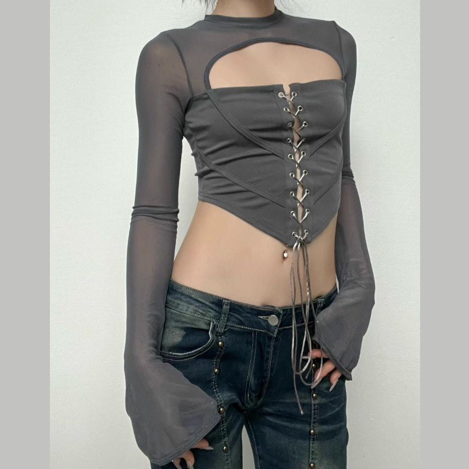 Lace up flared sleeve crewneck corset hollow out backless top y2k 90s Revival Techno Fashion